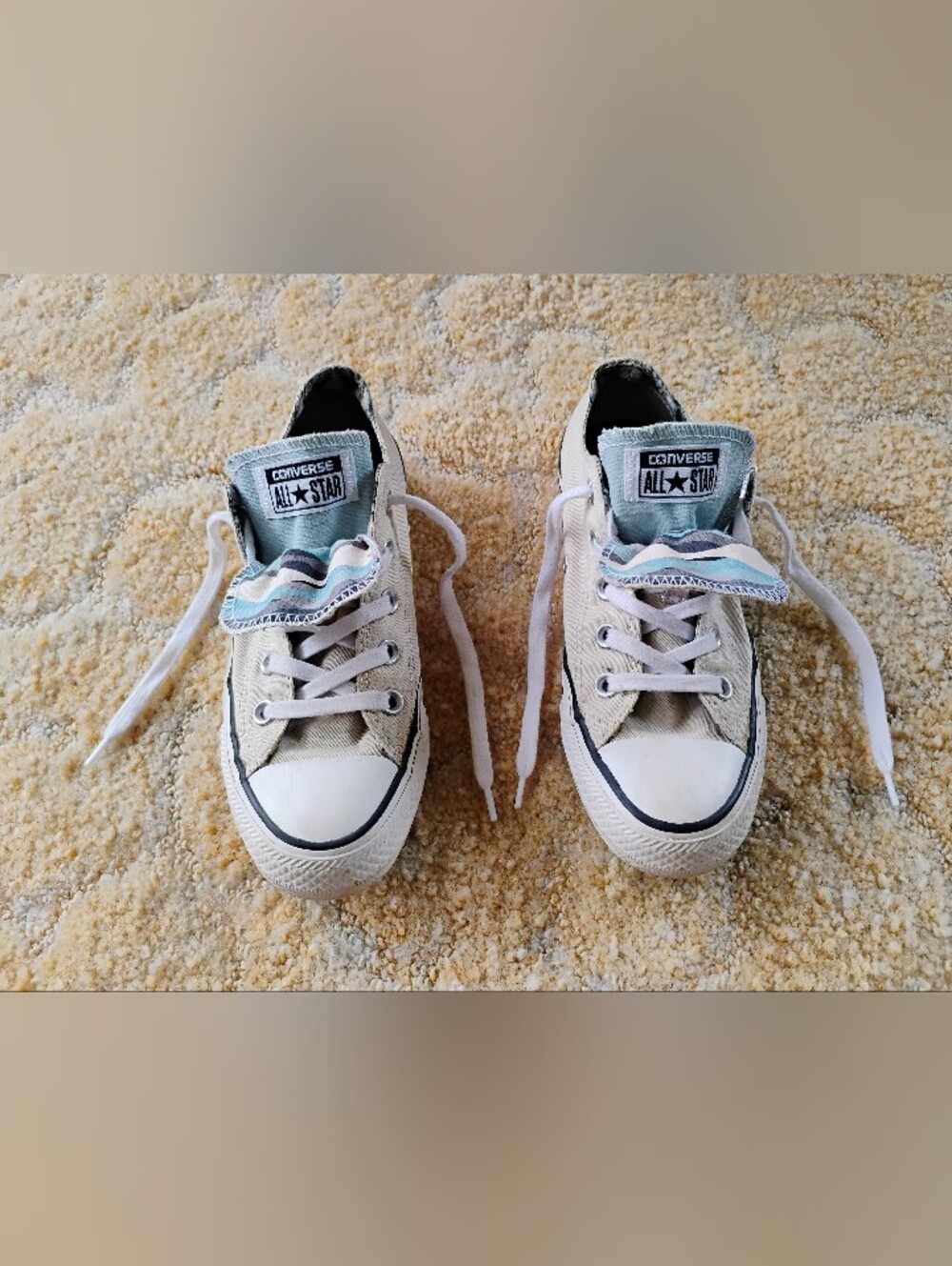 *EUC* CONVERSE BEIGE BLUE DOUBLE TONGUE SNEAKERS women's size 6
